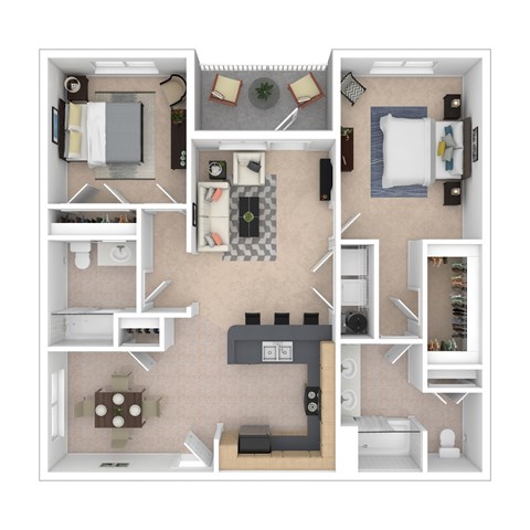 Floor plan for 2 beds, 2 baths, 1101 sqft